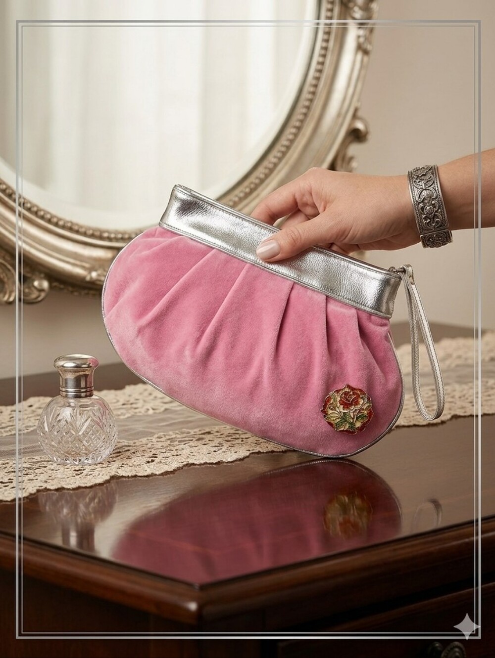 Rare Lilly Pulitzer Pink Velvet Wristlet Clutch with Silver Trim & Rose Brooch